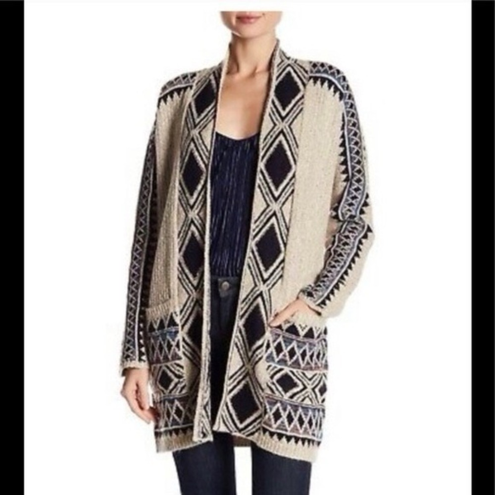 Lucky Brand Womens Boho Aztec Sz Small Beige Knit Open Cardigan Sweater Pockets